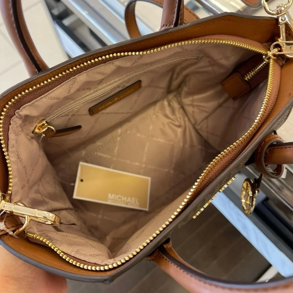 Michael Kors Avril Small Leather Logo Satchel Crossbody Brown Top Zip Bag NWT